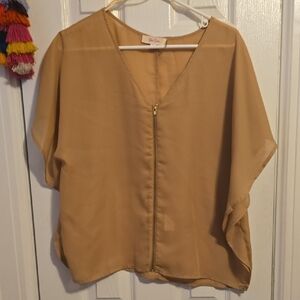 Uno CORE Tan V-Neck Blouse with Zipper